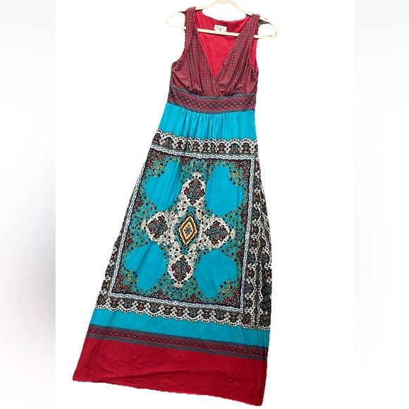 Maggy London Size 8 Red And Teal Geometric Sleeveless V-Neck Maxi Boho Dress - Picture 2 of 7